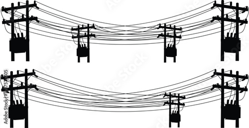 Two rows of silhouette electricity poles with transformers and tangled wires power line