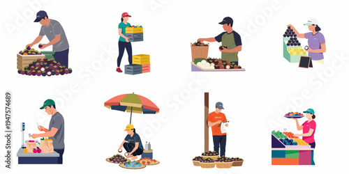 Set of flat vector illustrations depicting various workers in the fruit industry, from harvesting and sorting to selling at markets.