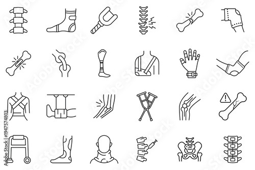 Set of 24 orthopedics vector icons with black outlines. Joint Replacement, Surgery, Spine, Back, Bone Joint, Broken Bones, Throat Injury, Spine Injury etc icon set. Vector illustration.