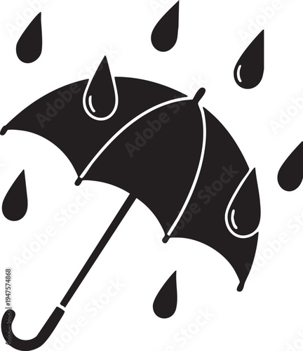 A simple black umbrella open and protecting from falling raindrops, representing shelter, rainy weather, and preparedness against elements.