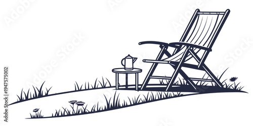 A relaxing deck chair with a side table on a grassy hillside