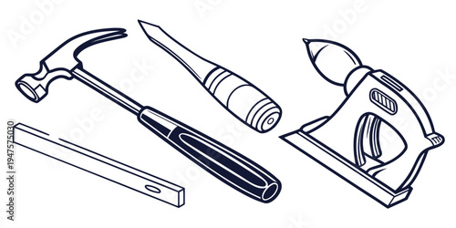 A collection of tools including a hammer, screwdriver, level, and stapler