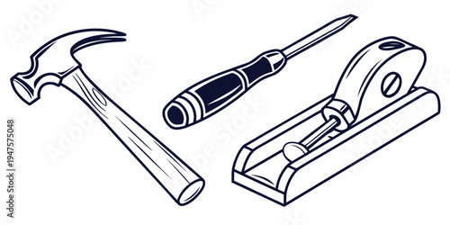 A variety of tools including a hammer, screwdriver, and planer for woodworking projects.