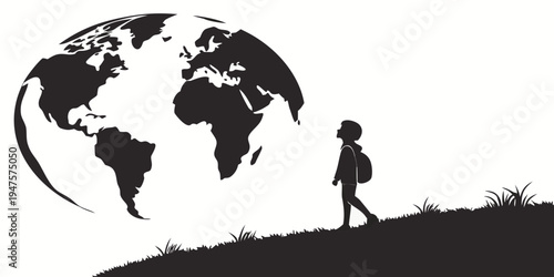 A silhouette of a person with a backpack standing on a hill overlooking a globe.