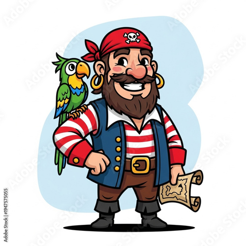 Cartoon Pirate with Parrot on Shoulder.