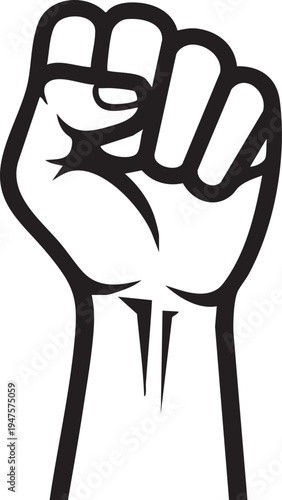 A powerful raised clenched fist, with the palm facing viewer, symbolizing strength, resistance, and solidarity in a bold statement.