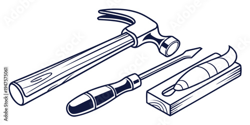 A hammer, a chisel, and a mallet resting on a wooden block
