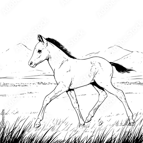 Graceful young horse foal in black and white line art galloping through a grassy field with distant rolling hills under a clear sky capturing movement and freedom in a classic