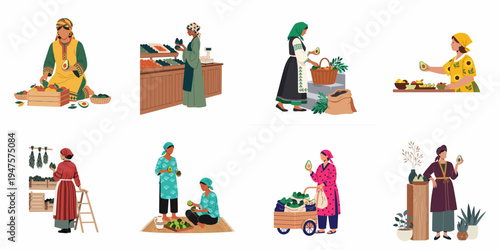 Diverse Women in Traditional Clothing Harvesting and Selling Avocados in Various Cultural Settings, Representing Global Agriculture and Healthy Living.