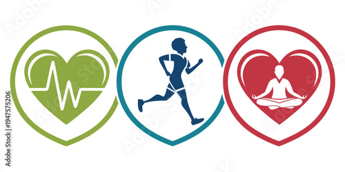 Three icons representing health, fitness, and relaxation activities.