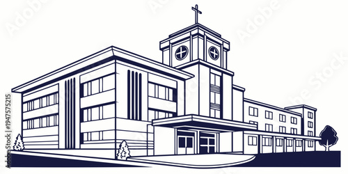 A detailed illustration of a large, multi-story building with a clock tower.