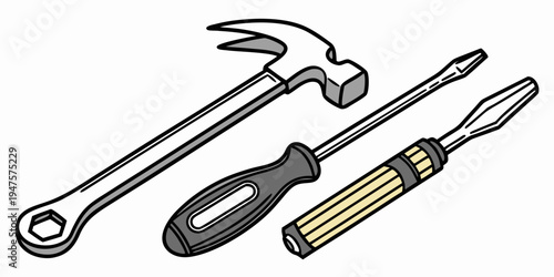 A variety of tools including a hammer, screwdriver, and wrench laid out on a flat surface