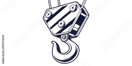 A detailed illustration of a heavy-duty lifting hook with a diagonal striped pattern.