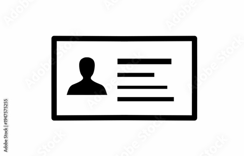 ID card icon with user profile silhouette in minimal black flat style, representing identification, personal data, access badge, and identity verification