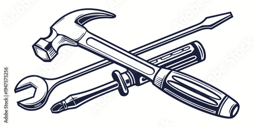 A collection of various tools including a hammer, wrench, pliers, and screwdriver