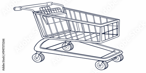 A shopping cart with a basket and wheels, ready for use in a store.