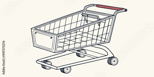 An empty shopping cart with a red handle on a white background