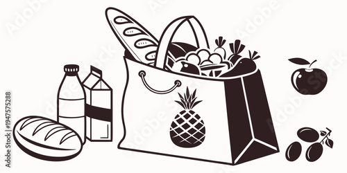 A shopping bag filled with various fresh fruits, vegetables, and groceries.