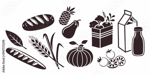 Assorted fruits, vegetables, and dairy products arranged on a flat surface.