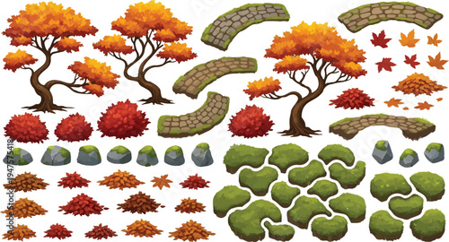 Autumnal nature elements vector set featuring vibrant orange and red maple trees, green bushes, stone bridges, rocks, and scattered fall leaves, ideal for game design, landscape illustration