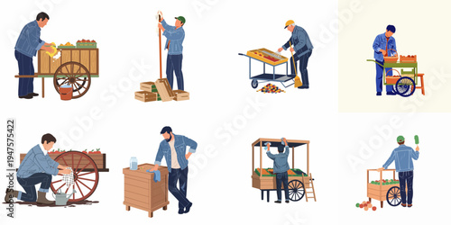 Set of male market vendors and farmers cleaning and organizing their wooden fruit carts and stalls in denim workwear