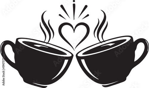 Two steaming coffee cups clinking together, with a heart shape and radiating lines, signifying love, warmth, and shared moments.