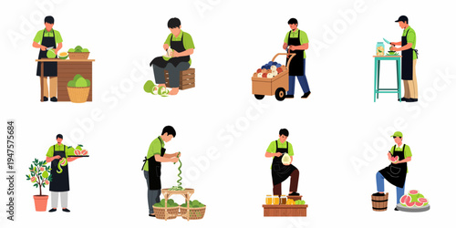 Set of flat vector illustrations depicting men in aprons peeling, cutting, and preparing fresh pomelo fruits in various commercial and agricultural settings.