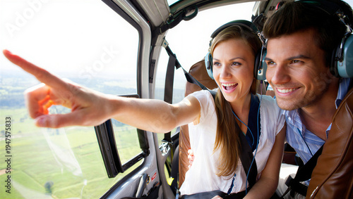 Ecstatic newlywed spotting their secluded honeymoon destination from the air during a private helicopter transfer.
