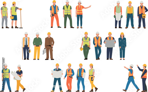 Construction workers character set with engineers builders architects wearing safety helmets and vests holding tools blueprints isolated flat vector illustration