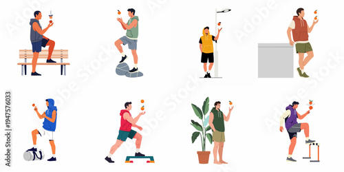 Collection of flat illustrations showing athletic men in casual sportswear interacting with oranges while performing various exercises and posing in different settings.