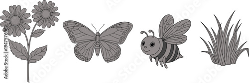 Cute nature elements set with flowers, butterfly, bee and grass illustrations, hand drawn vector collection isolated for kids design, spring and garden themes