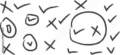A collection of hand-drawn checkmarks and crosses, some circled, suggesting a process of selection, decision-making, or completion, with a few isolated marks scattered across the white background