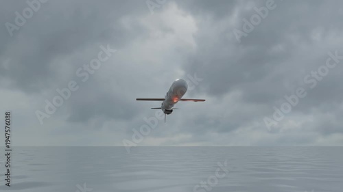 Missile attack. Cruise missile flying. Missile launch. Rocket fly over sea.