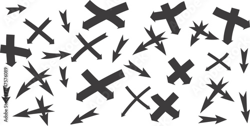 Dynamic monochrome pattern featuring numerous hand-drawn 'X' marks and directional arrows, symbolizing complexity, choices, or problem-solving challenges