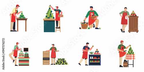 Collection of flat illustrations featuring male grocery store workers in red aprons meticulously arranging fresh fruit and vegetable displays in a market setting.