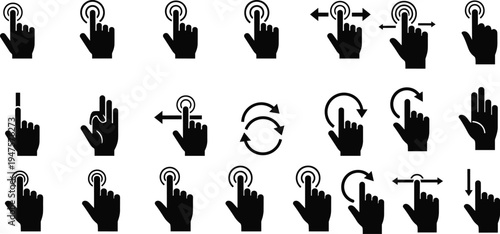 Hand cursor and gesture icons set, click, swipe, tap and touch interface symbols in black silhouette vector collection for UI and UX design