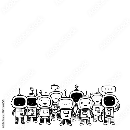 Diverse group of charming hand drawn cartoon robots with expressive faces and unique antennae standing together in a playful lineup symbolizing teamwork innovation and artificial