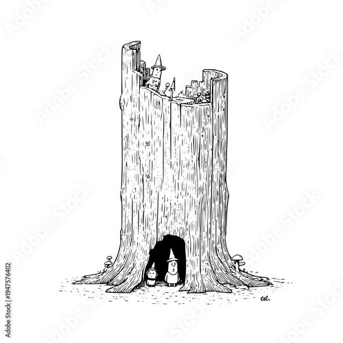 Whimsical fantasy forest dwelling inside a hollowed out ancient tree stump with tiny gnome like characters peeking from a dark cavernous entrance and a miniature village nestled