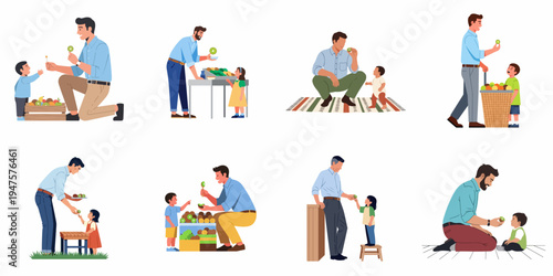 Flat vector illustrations of a father and child sharing fresh kiwi fruit, emphasizing healthy eating, parenting, and family bonding in various scenes.