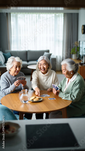 Active retirees erupting in boisterous laughter over a surprising winning hand during their fiercely competitive weekly card club.