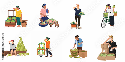 Collection of illustrations depicting hardworking female fruit vendors selling fresh guavas in various street market settings, appearing tired from their labor.