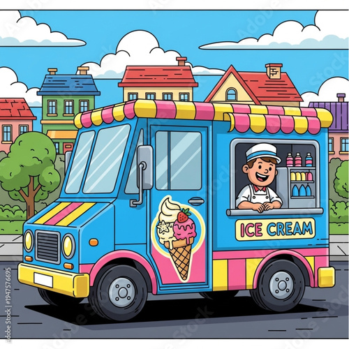 Colorful Ice Cream Truck with Vendor.