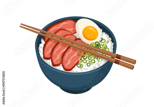 Resting across a dark blue bowl of fluffy white rice, wooden chopsticks await an exquisite meal featuring savory glazed meat slices, one halved soft-boiled egg, and sprinkles of fresh green scallions