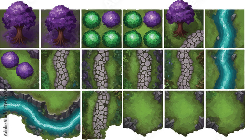 Top-down fantasy game environment tile set vector with purple trees, green bushes, winding stone paths, and blue rivers on lush green grass for map creation and digital design assets