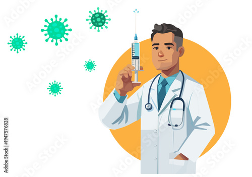 Professional Male Doctor Holding Medical Syringe for Vaccination
