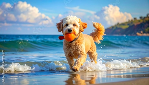 A dog runs along the beach with a toy in its mouth