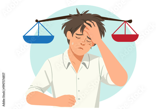 Stressed Businessman Struggling with Work-Life Balance Scales