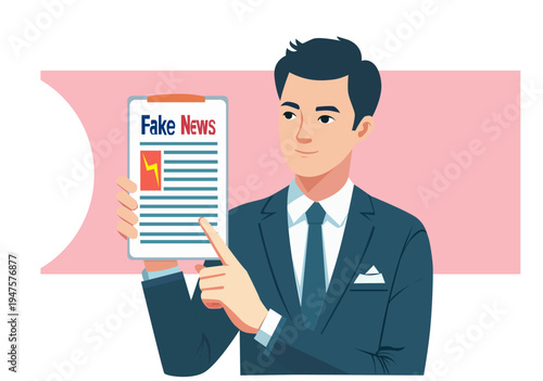 Professional Businessman Pointing to Fake News Document Illustration