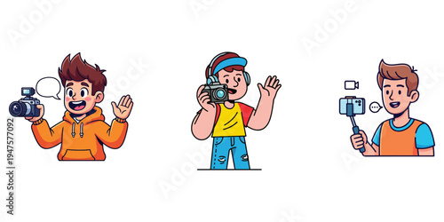 Young creators holding video cameras and selfie sticks, engaging in content creation