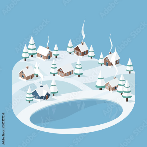 An idyllic winter scene featuring snow-covered houses, trees, and a frozen lake under a clear sky.